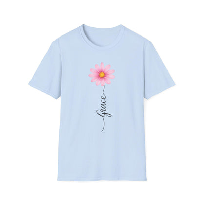 Pink Daisy with "Grace" script T-Shirt | Floral Name Typography Tee