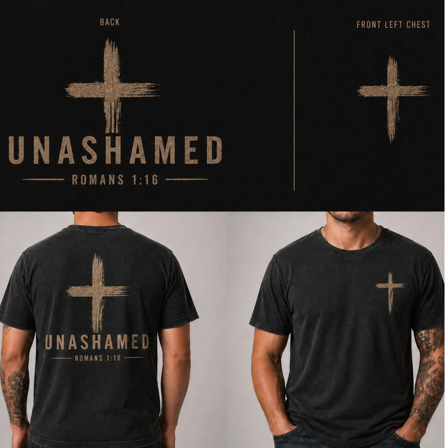 Unashamed cross design T-Shirt | Christian faith scripture Romans 1:16