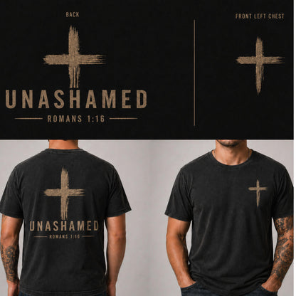 Unashamed cross design T-Shirt | Christian faith scripture Romans 1:16