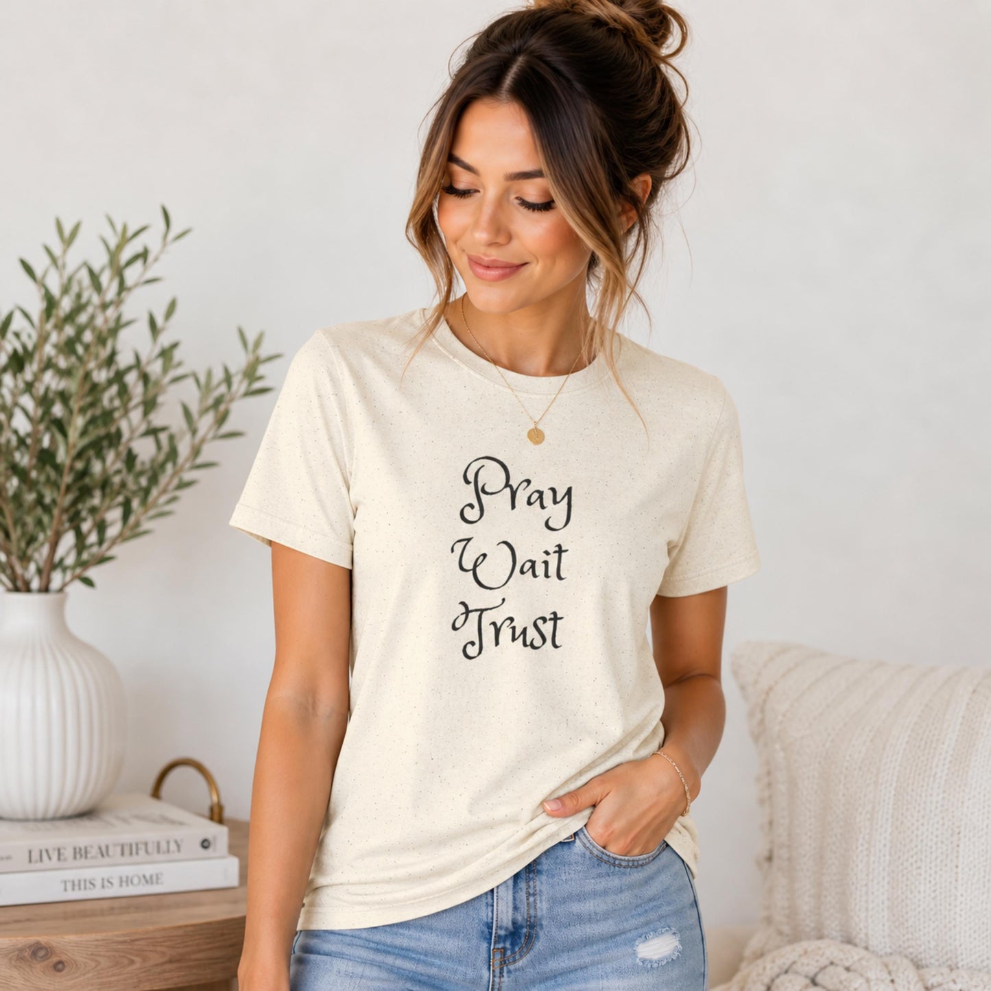 Pray Wait Trust T-Shirt | Faith Script Typography