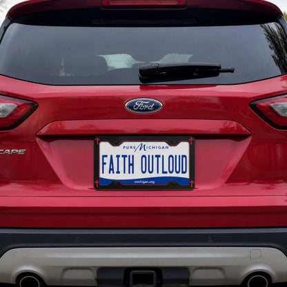 Black Metal License Plate Frame with Red Corner Crosses | Religious Car Frame