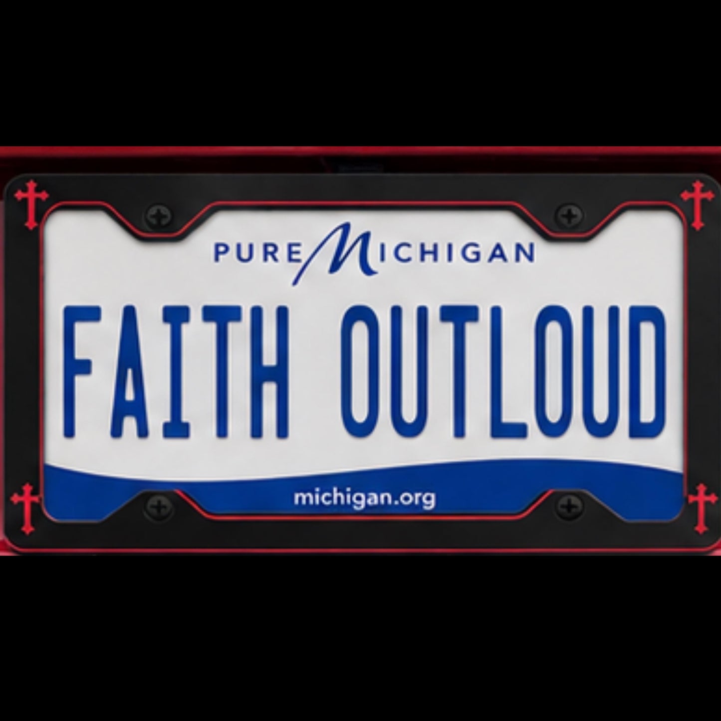 Black Metal License Plate Frame with Red Corner Crosses | Religious Car Frame