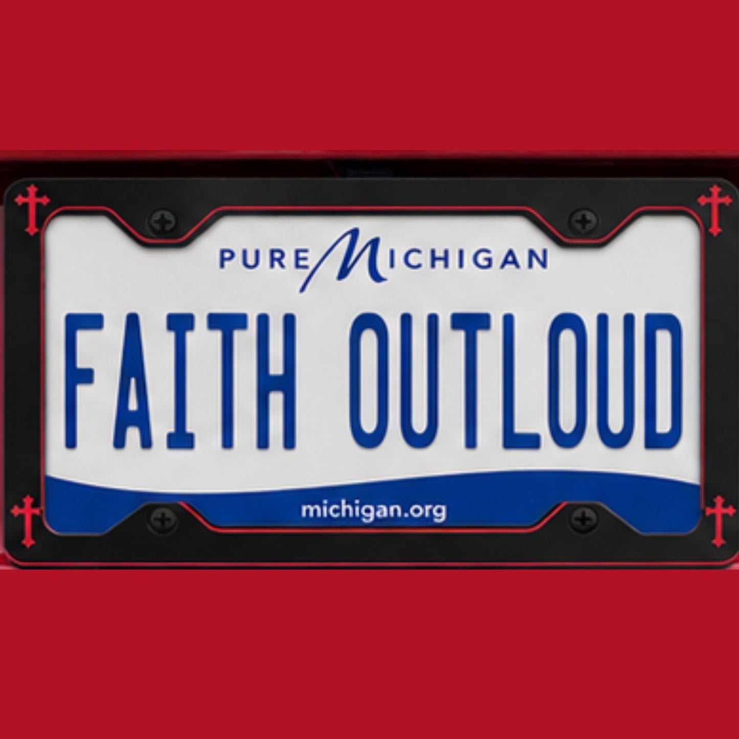 Black Metal License Plate Frame with Red Corner Crosses | Religious Car Frame