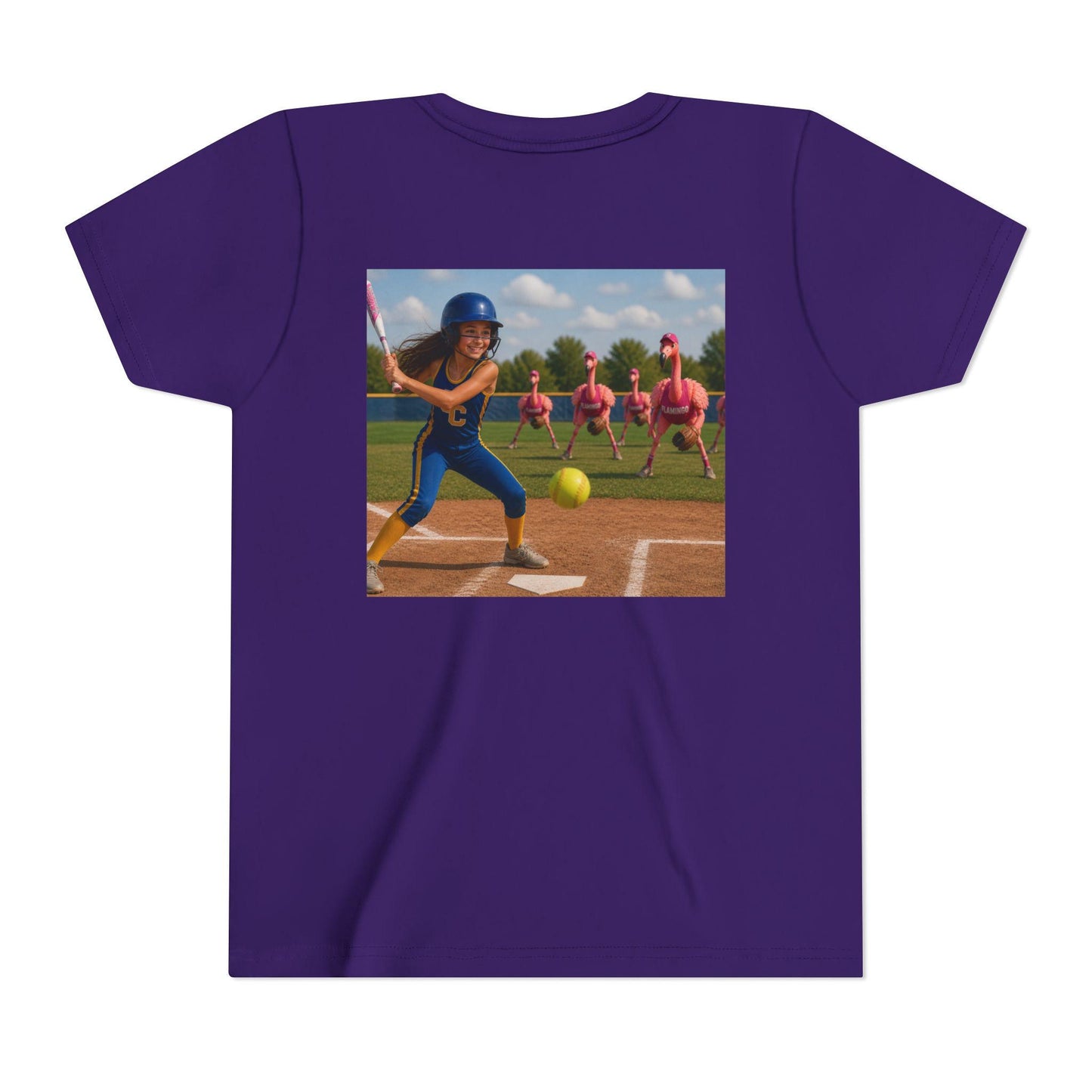 Girl Softball Batter with Flamingo Team Youth Tee | Sports, Cute Animal Design