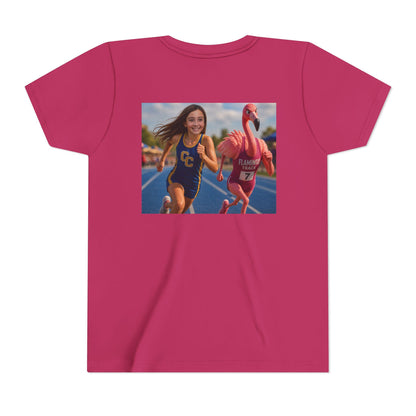 Flamingo Track Runner Youth Tee | Sports Mascot Racing Design